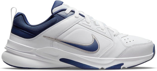 Men's Nike Defy All Day sneakers with white upper and midnight navy swoosh accents