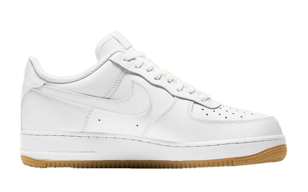 Men's Nike Air Force 1 low-top sneakers, side view with white upper and gum sole