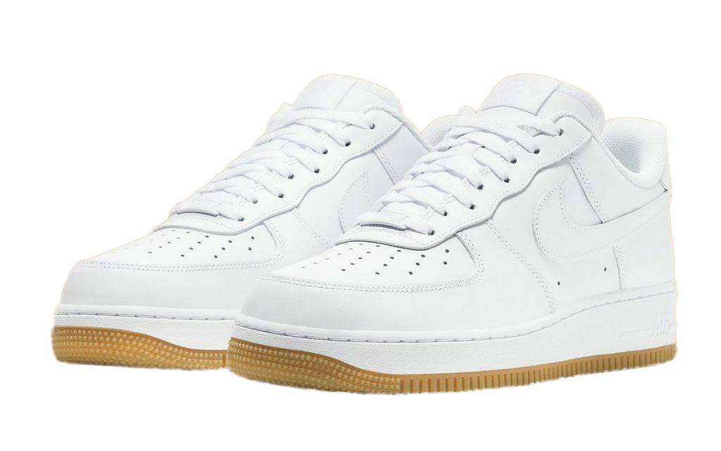 Pair of men's Nike Air Force 1 low-top sneakers, white uppers with gum rubber soles