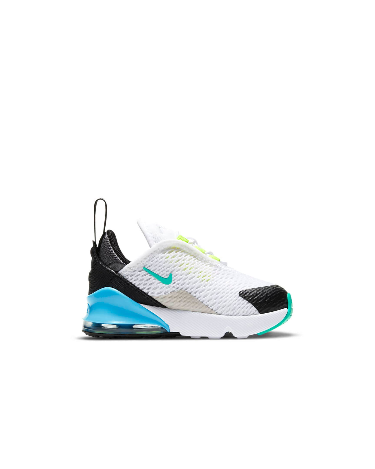 Toddler's Air Max 270 sneaker, white mesh with black heel and blue midsole