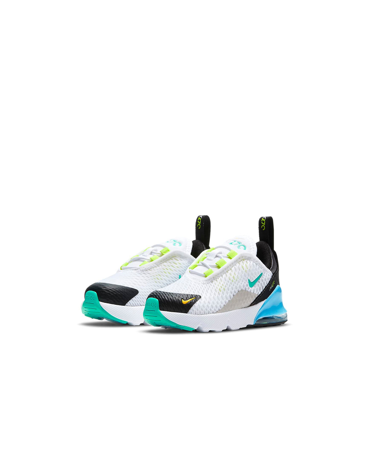 Toddler's Air Max 270 shoes, two-tone white and black with blue heel pods