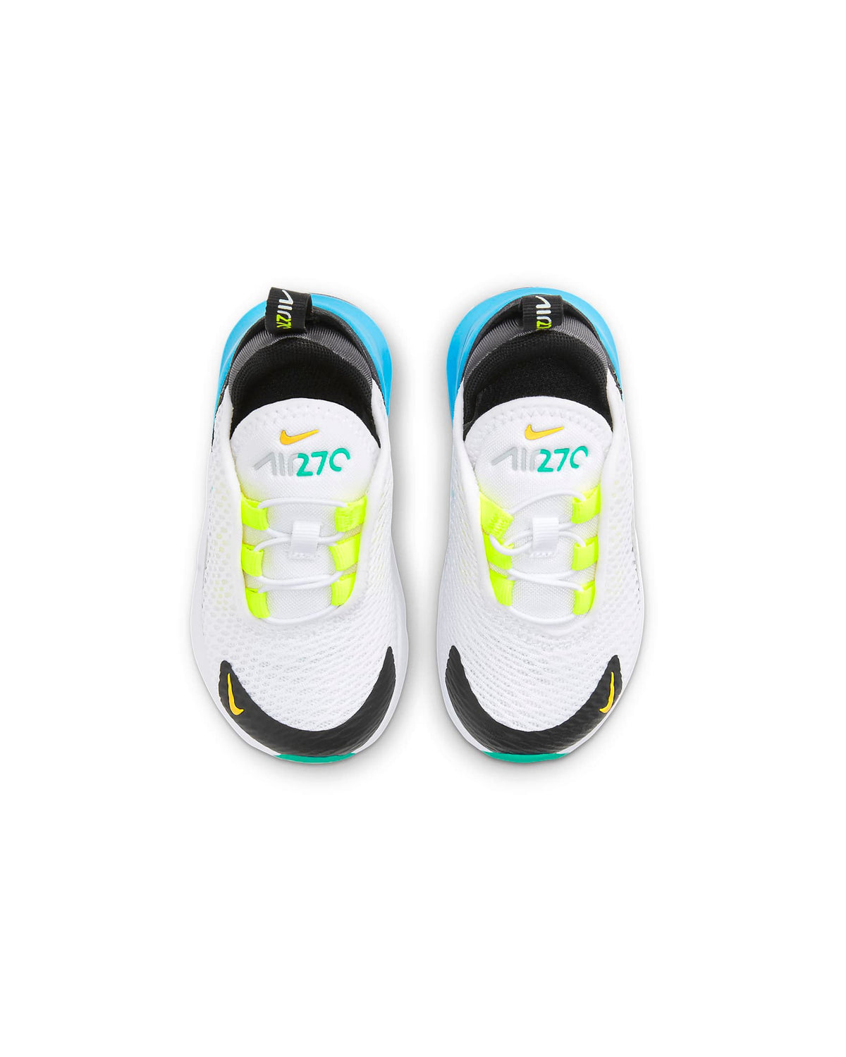 Toddler's Air Max 270 shoes showing insoles, white upper with black trim