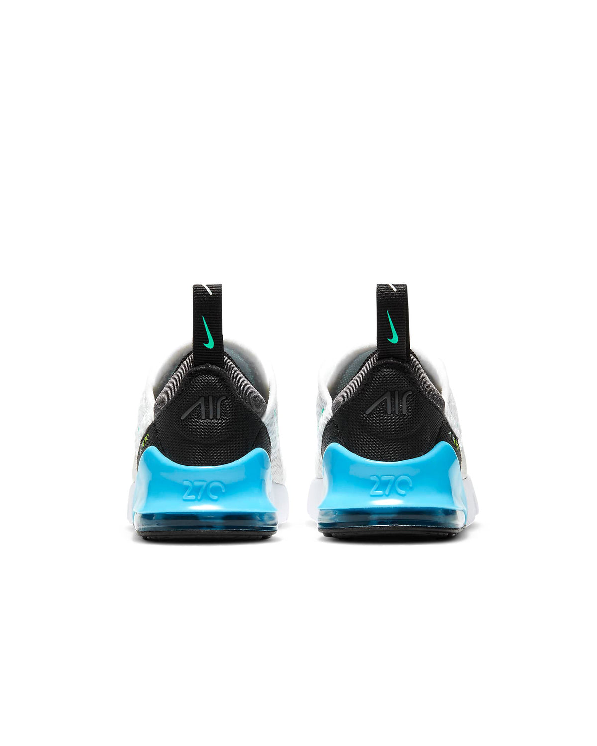 Toddler's Air Max 270 sneakers, white with black heel and blue Air unit