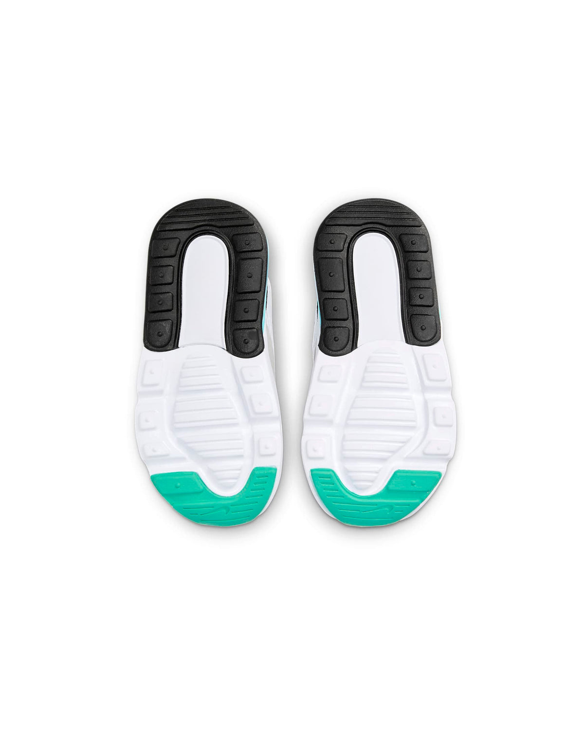 Toddler's Air Max 270 outsole pair, white tread with teal accents