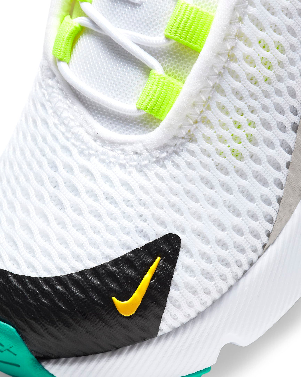 Air Max 270 upper detail, white mesh with neon green strap and black swoosh