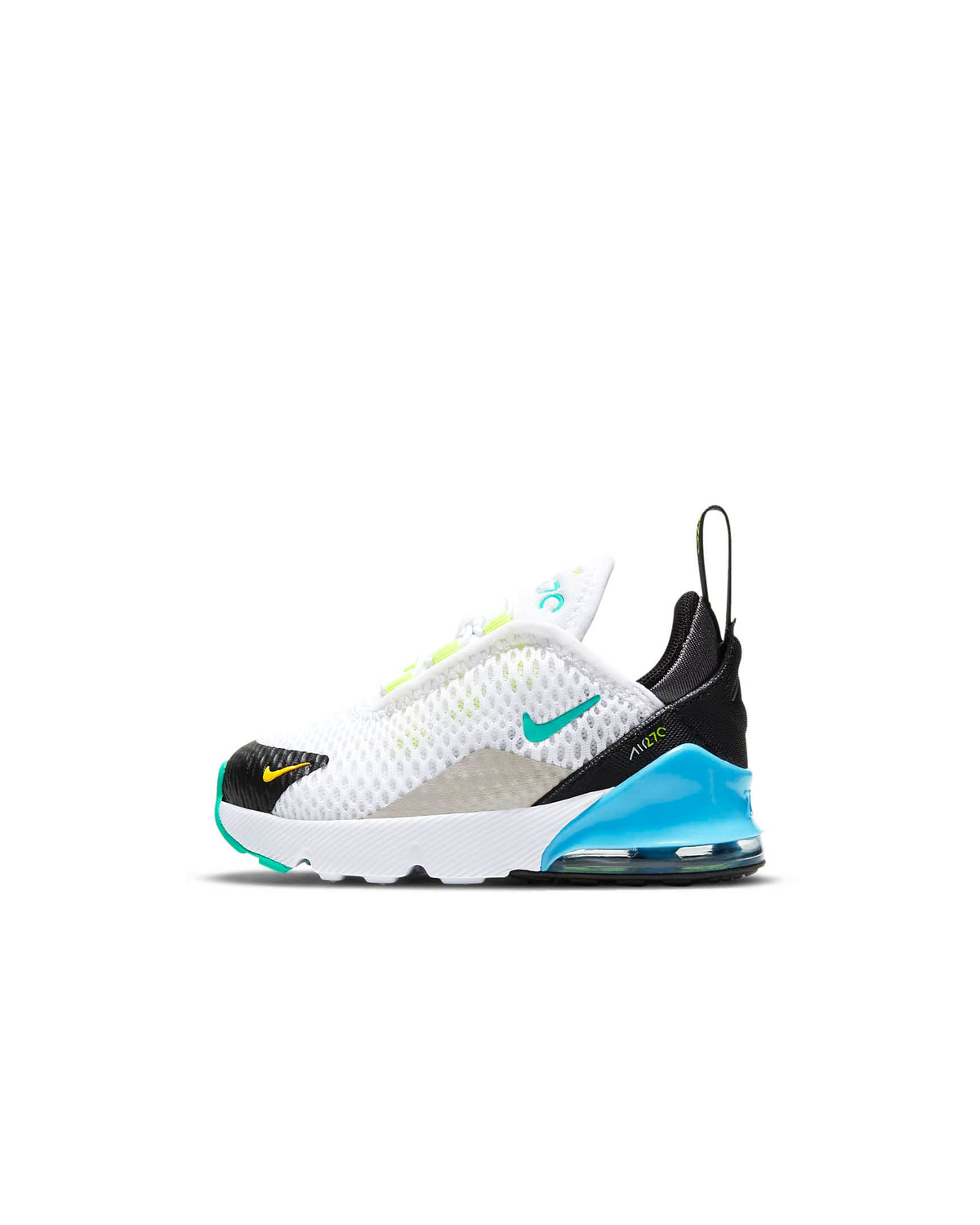 Toddler's Air Max 270 sneaker in white, black, and blue with teal accents