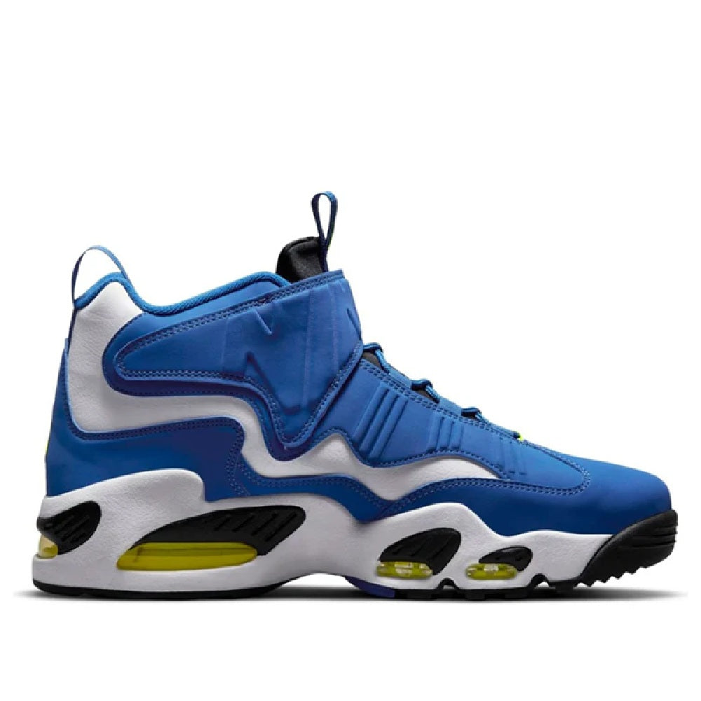 Men's Nike Air Griffey Max 1 mid sneakers, side view in royal blue and white