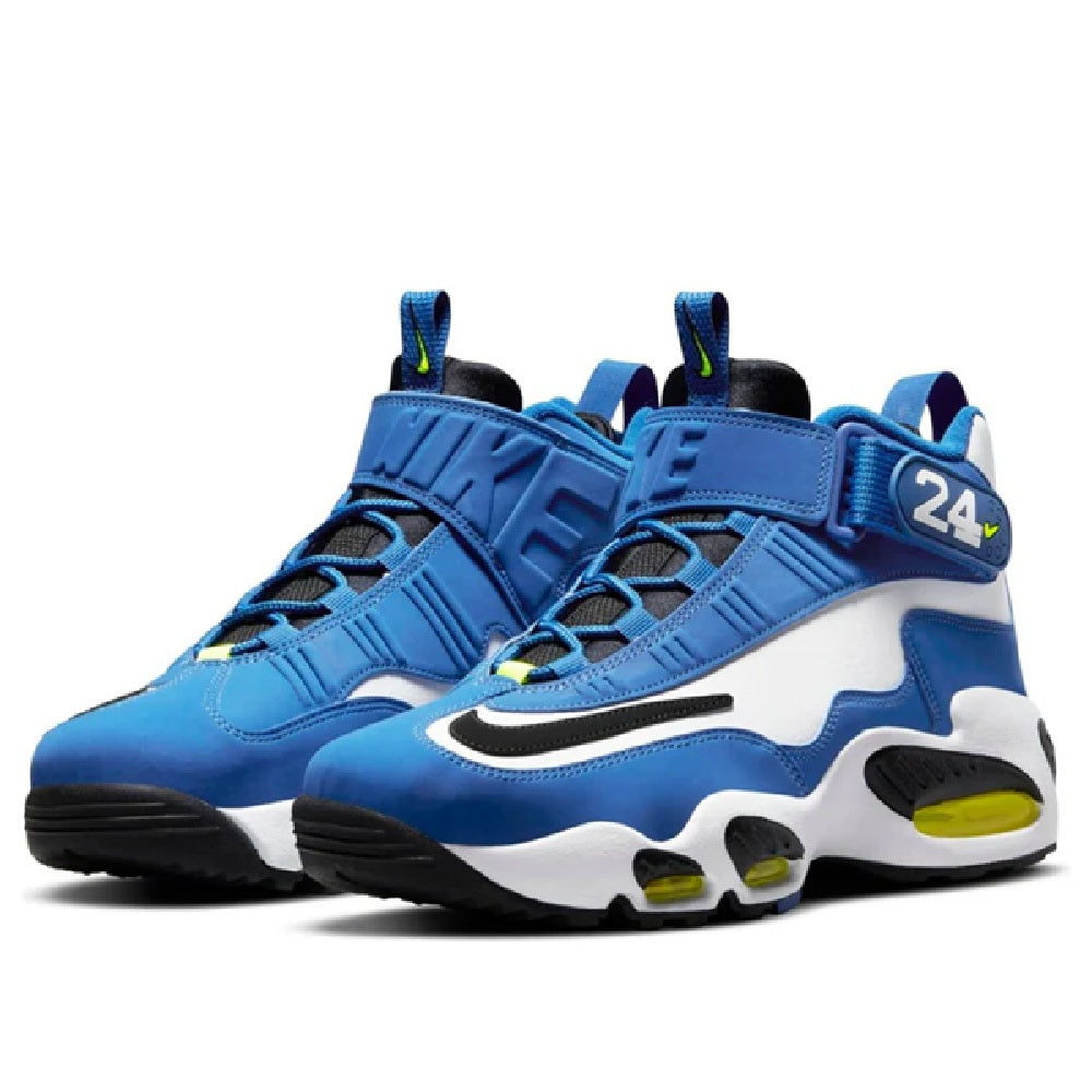 Men's Nike Air Griffey Max 1 high-top sneakers, front angle in blue with volt accents