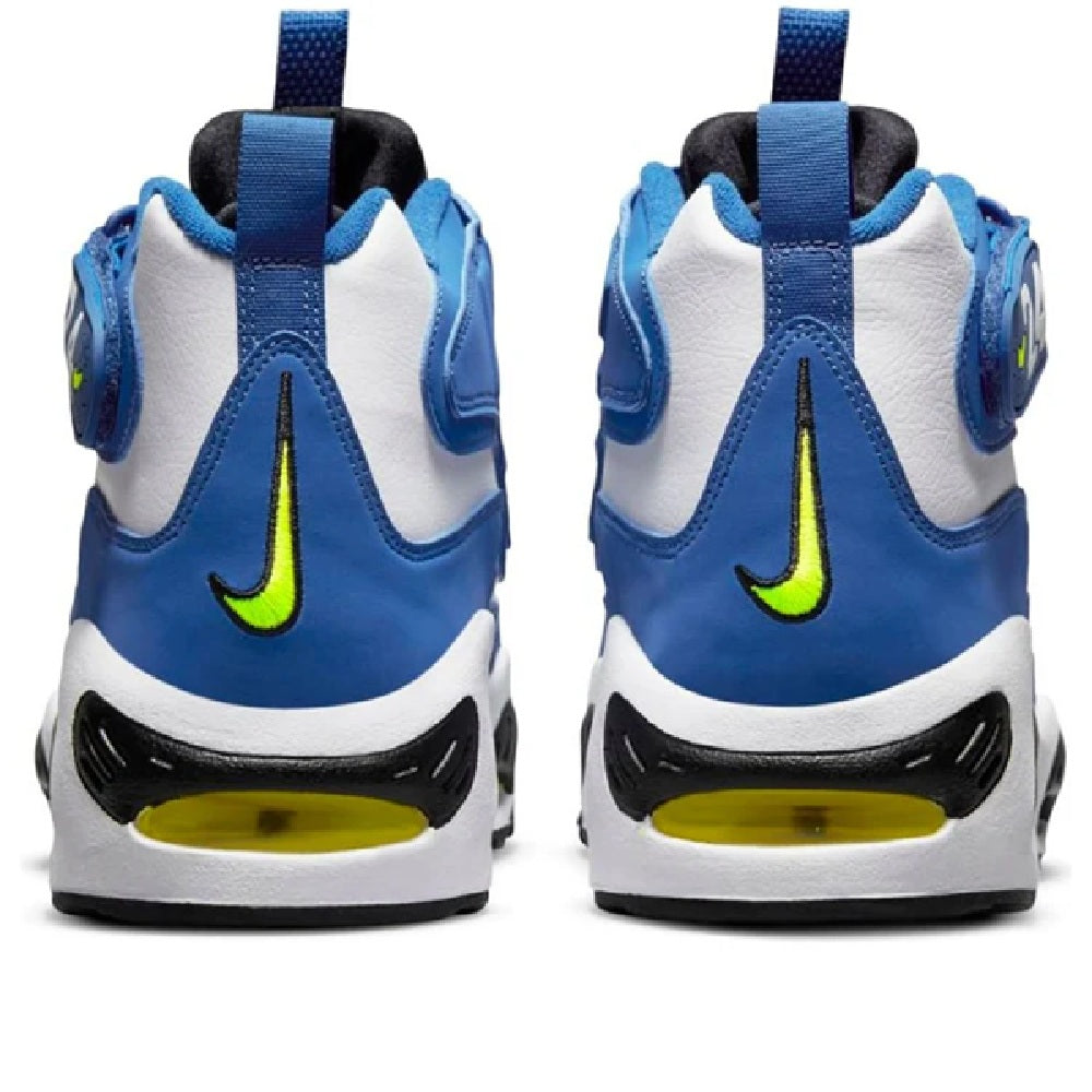Men's Nike Air Griffey Max 1 sneakers, heel view in blue with neon green swoosh