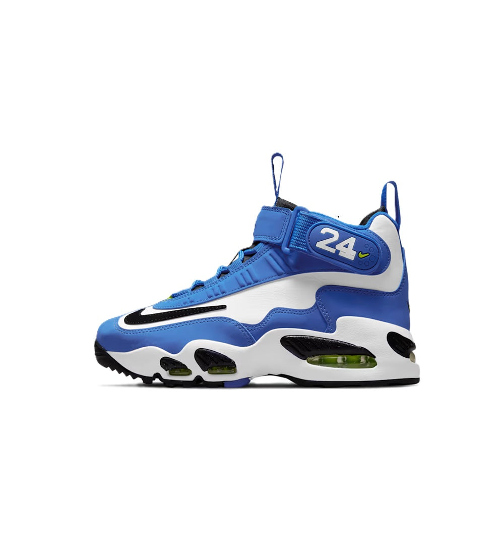 Kids' Nike high-top sneakers in royal blue, white, black, with neon green accents.