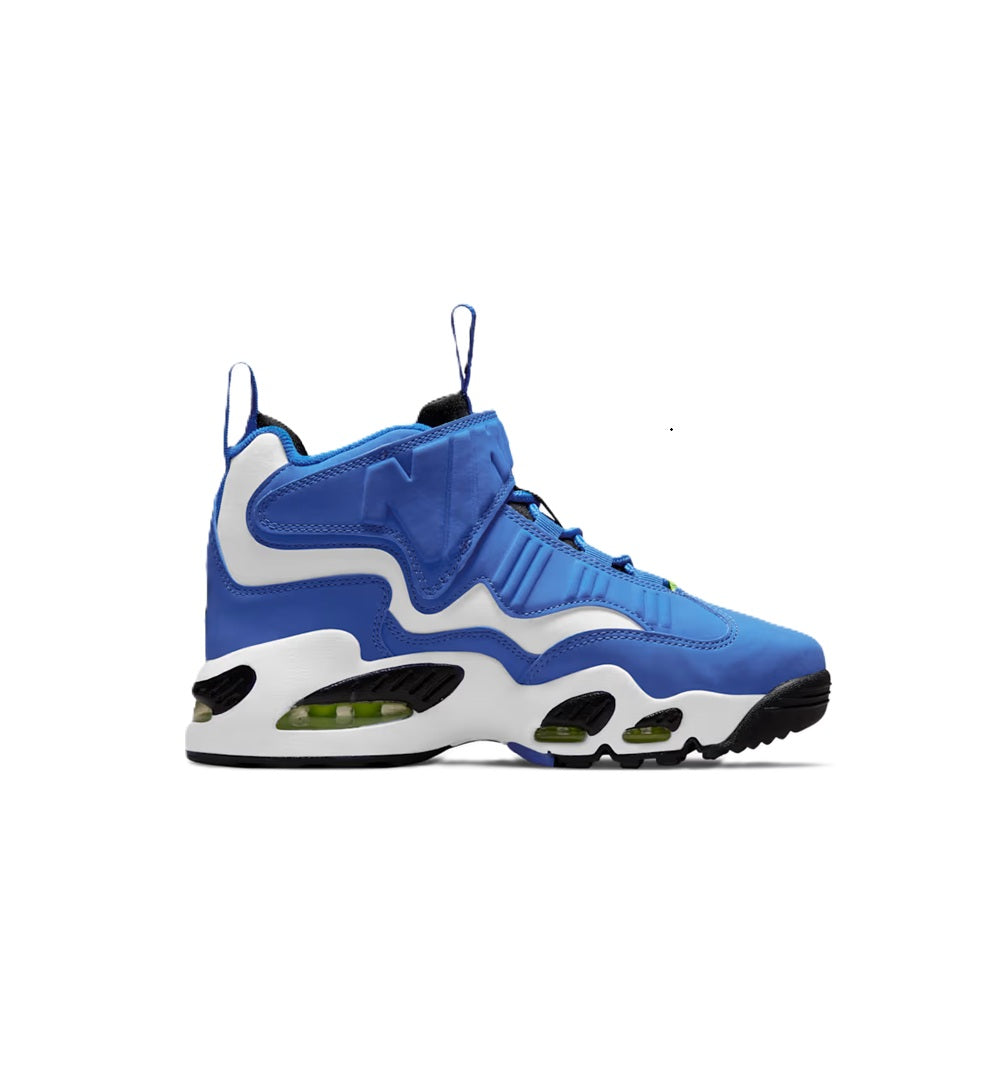 Kids' Nike high-top sneakers, side view, royal blue with white panels and neon green sole caps.