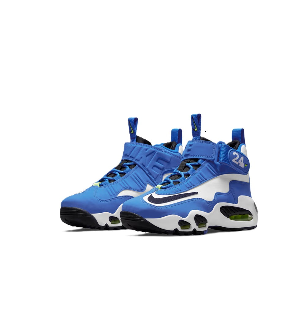 Kids' Nike high-top sneakers, front angle, royal blue and white with Air-style visible soles.