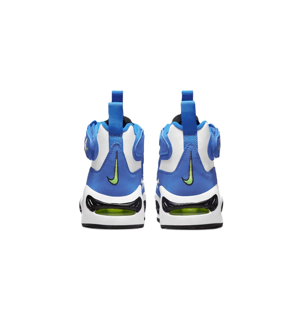 Kids' Nike high-top sneakers, back view, royal blue heels with neon green swoosh accents.
