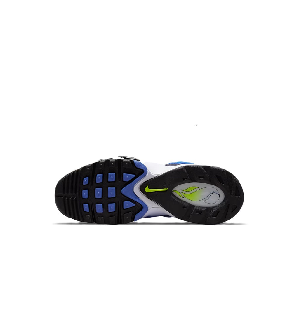 Kids' Nike high-top sneakers outsole view, black tread with blue-and-green details.