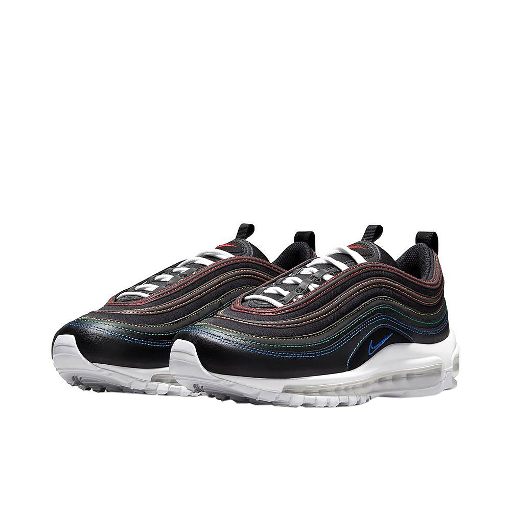 Nike Air Max 97 sneaker, black with multi-color stitched overlays and white midsole.