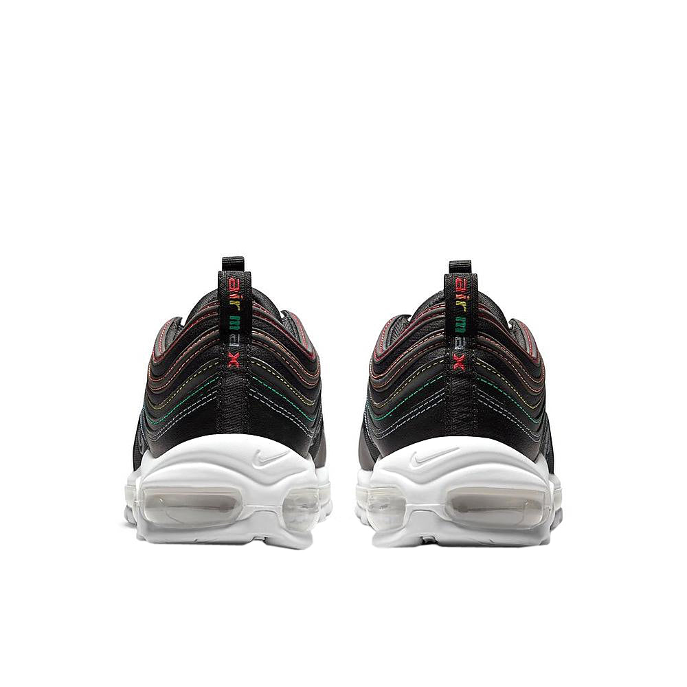 Nike Air Max 97 sneaker, back view with black upper and white air-cushioned sole.
