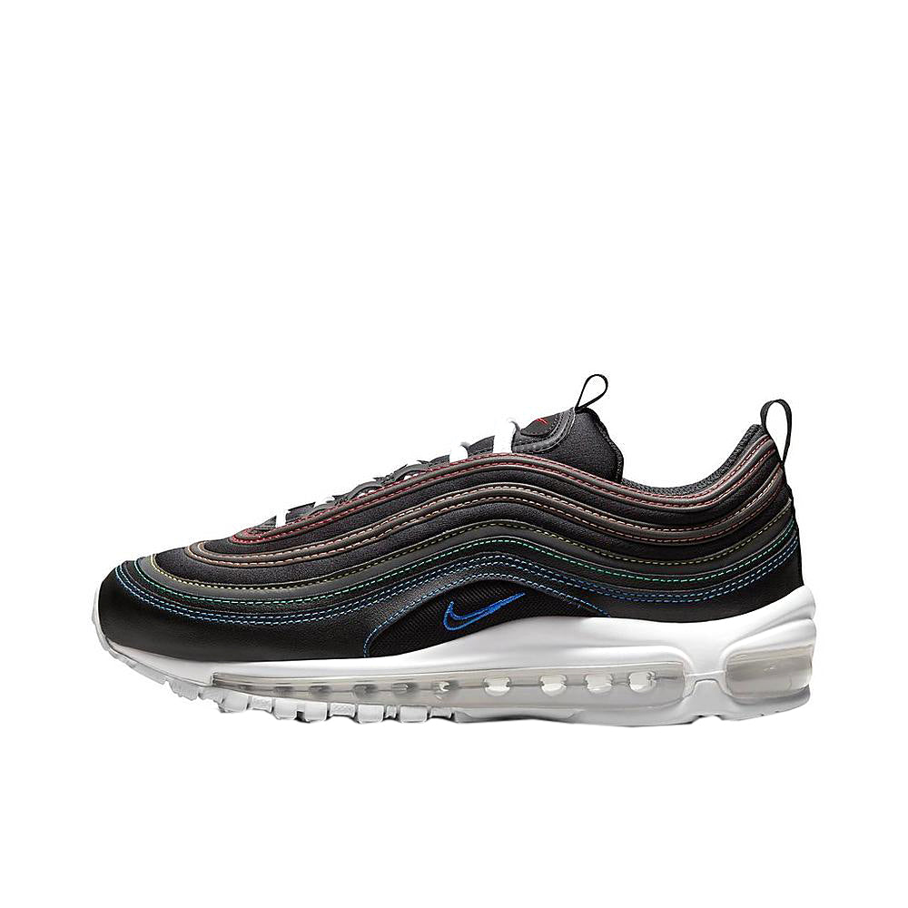 Nike Air Max 97 running shoe, black with Hyper Royal swoosh, lace-up.