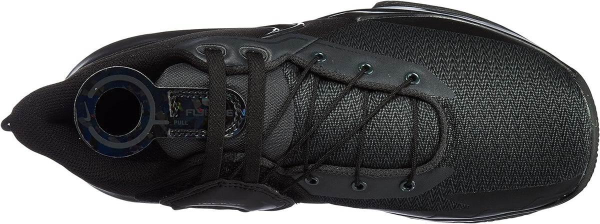 Men's Nike Flyease black knit sneaker showing lace eyelets and open bootie collar