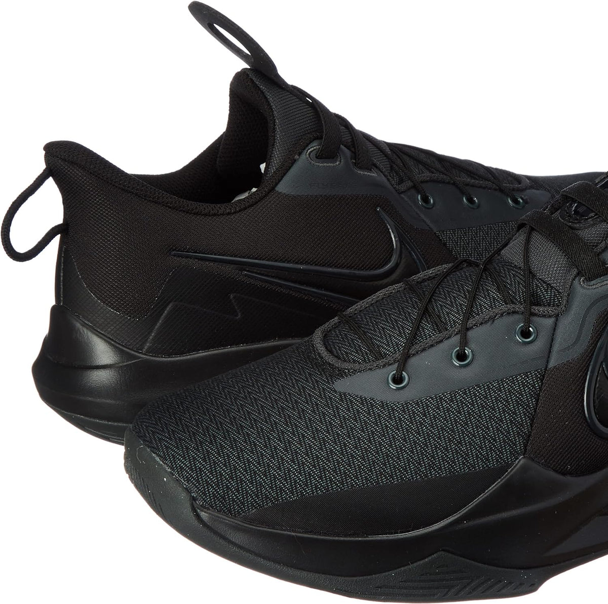 Men's Nike Flyease black sneaker close-up of upper, laces, and heel strap