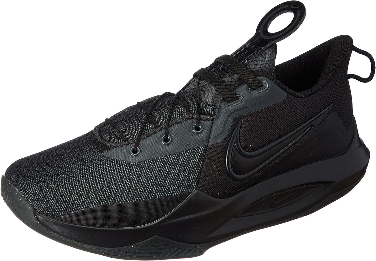 Men's Nike Flyease black low-top sneaker, swoosh side view, lace-up with pull tab