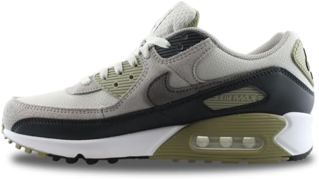 Men's Nike Air Max 90 sneakers, light bone laces and upper with dark swoosh, olive air unit