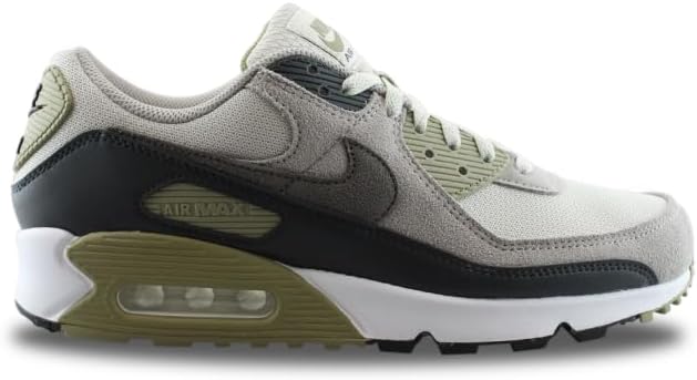 Men's Nike Air Max 90 sneakers with light bone upper, dark swoosh, olive Max Air unit