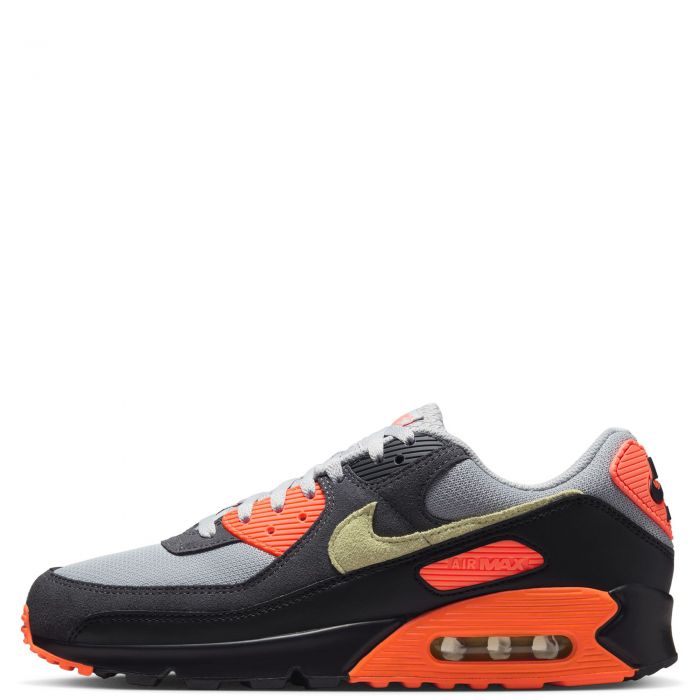 Men's Nike Air Max 90 sneakers in smoke grey with black and orange accents