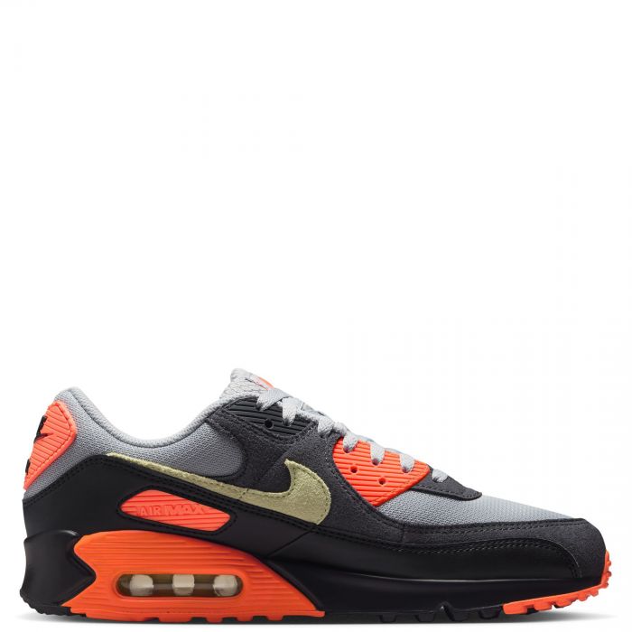 Men's Nike Air Max 90 sneakers side view, smoke grey with lime and orange detailing