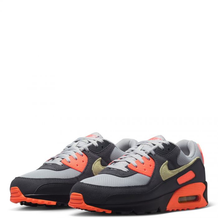 Men's Nike Air Max 90 sneakers front view, grey/black upper with orange accents