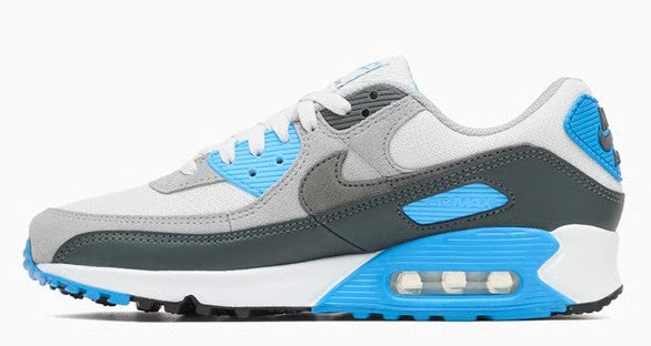 Men's Nike Air Max 90 sneakers, white leather with gray mudguard, dark green stripe, blue laces
