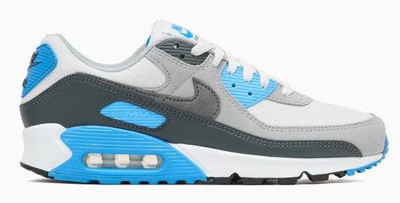 Men's Nike Air Max 90 sneakers with white upper, gray overlays, dark green panels, blue accents