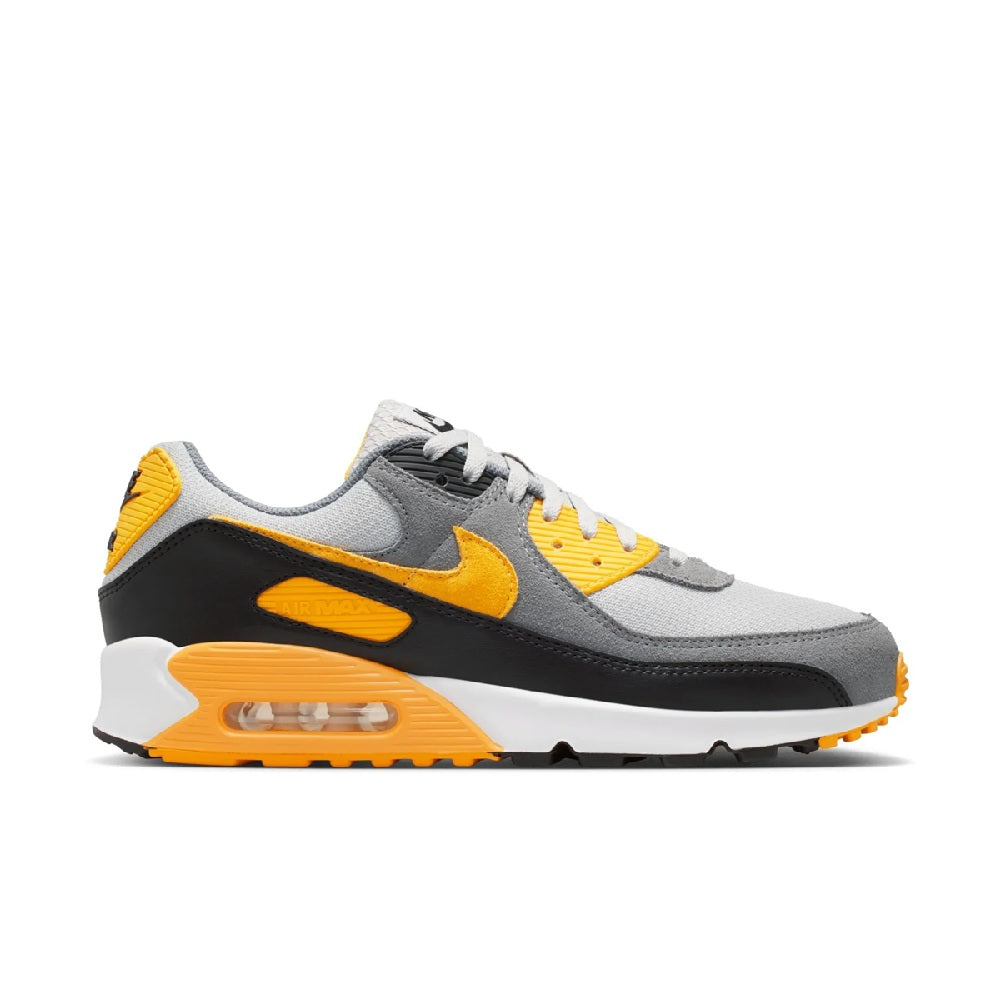 Nike Air Max 90 men's running shoe in grey, black, white with yellow accents