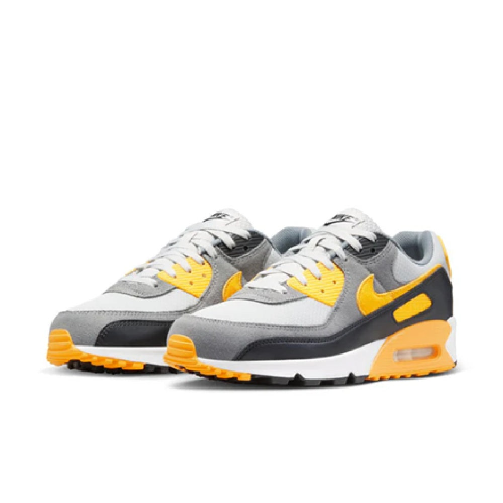 Nike Air Max 90 men's running shoe, toe view pair with yellow heel and swoosh