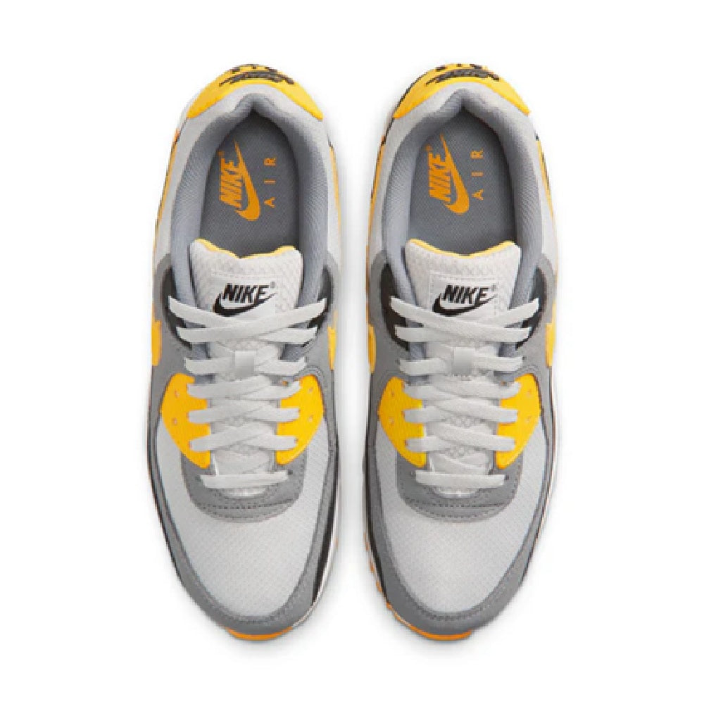 Nike Air Max 90 men's running shoe, front view with white laces and yellow details