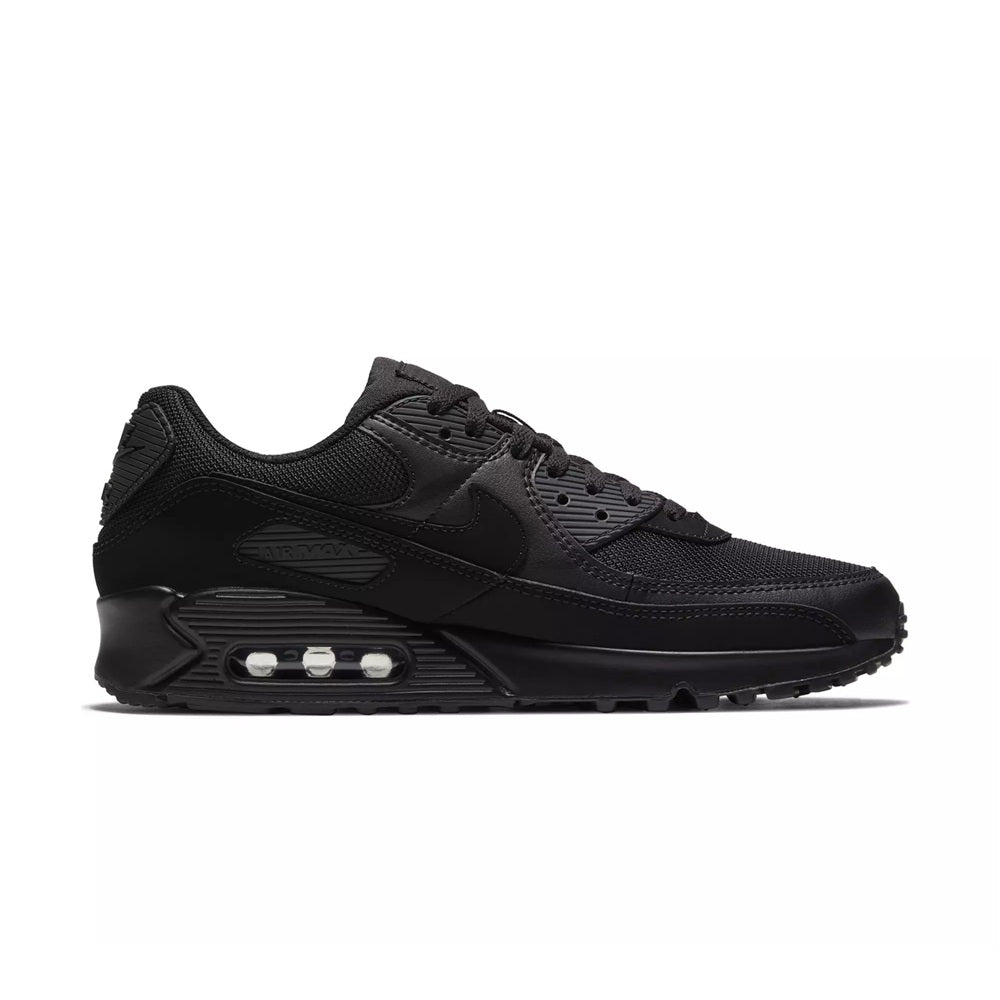 Men's Nike Air Max 90 sneakers in black with visible Air unit on side