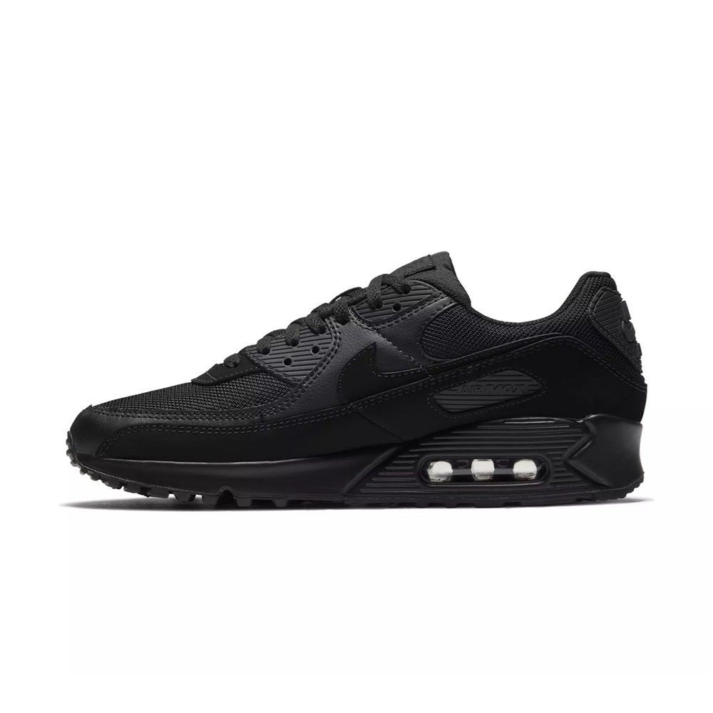 Men's Nike Air Max 90 sneakers, black upper, lace-up with side Air window