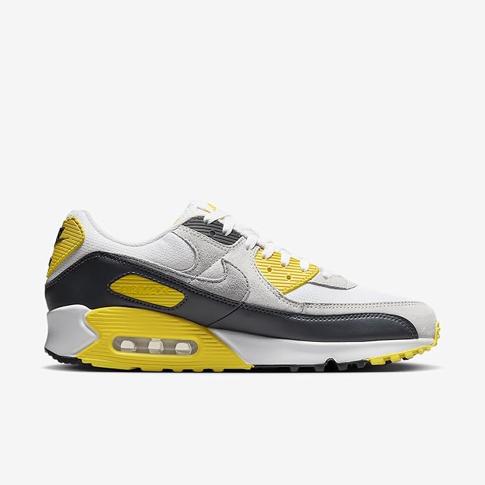 Men's Nike Air Max 90 sneakers, white and grey panels with yellow laces and sole