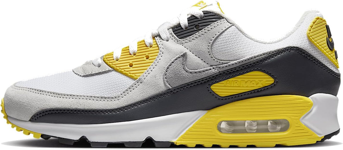 Men's Nike Air Max 90 sneakers, white leather with yellow accents and Air Max window