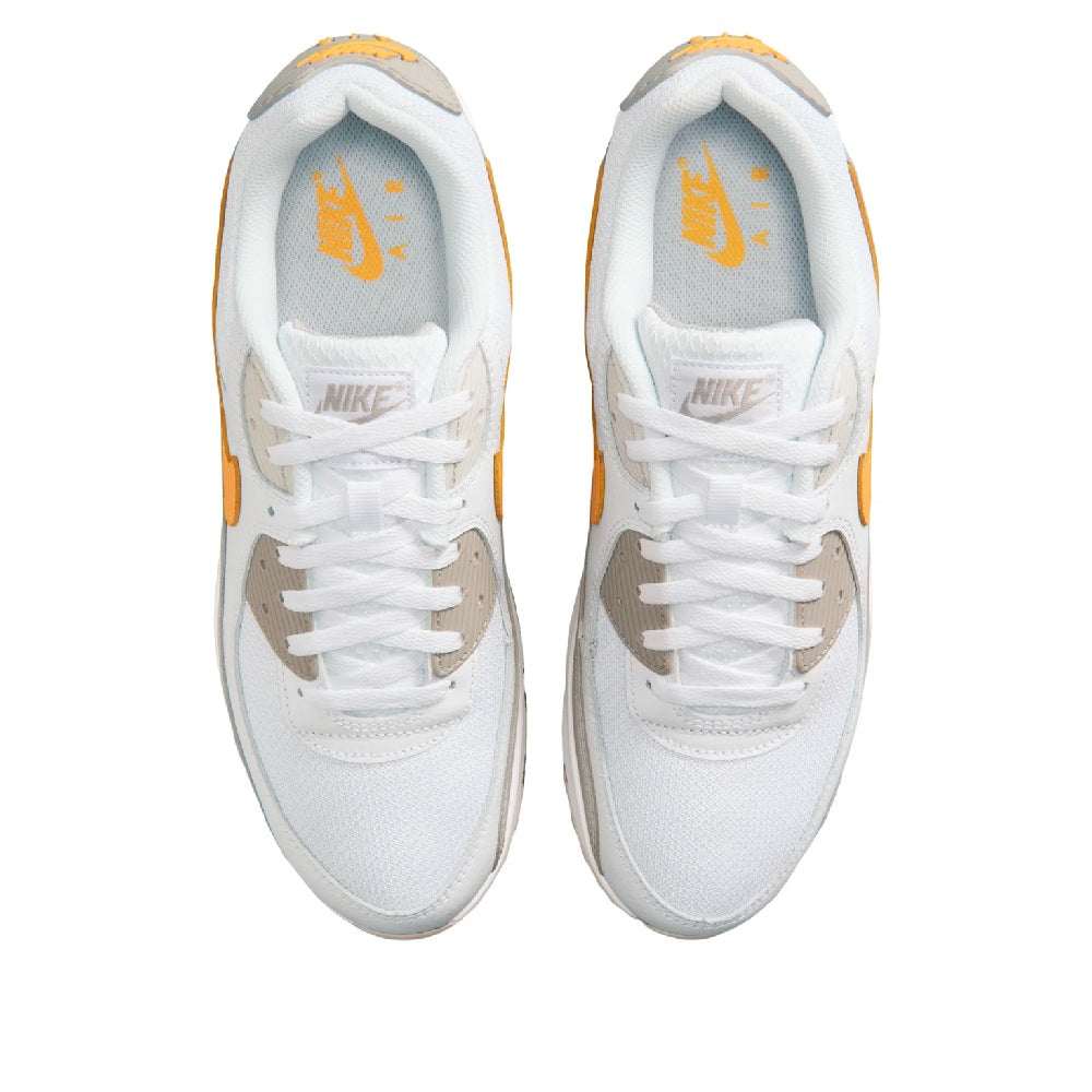 Nike Air Max 90 sneakers, white laces with orange tongue logos and padded collars