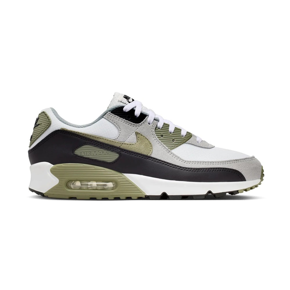 Men's Nike Air Max 90 sneakers in white, olive, and black with visible Air sole