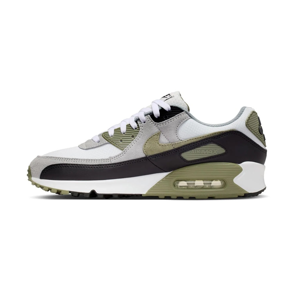Men's Nike Air Max 90 low-top sneakers with lace-up, white uppers and black side panel