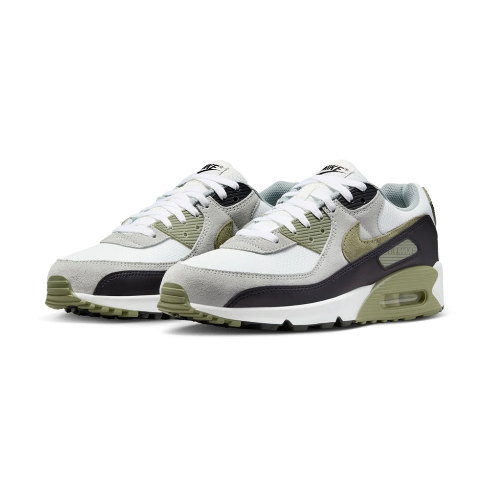 Men's Nike Air Max 90 sneakers with olive accents, white leather, and black detailing