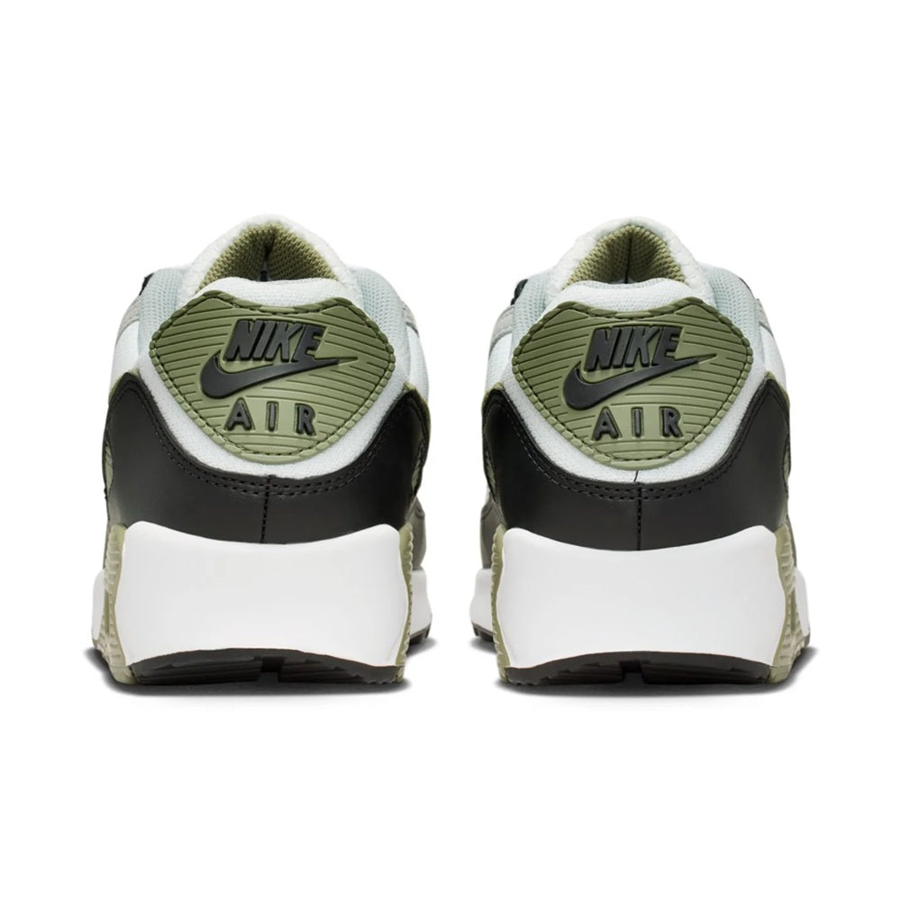 Men's Nike Air Max 90 sneakers back view with Nike Air heel logo and olive lining