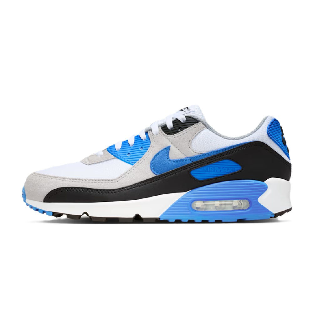 Nike Air Max 90 low-top sneakers with white upper, blue panels, and black swoosh