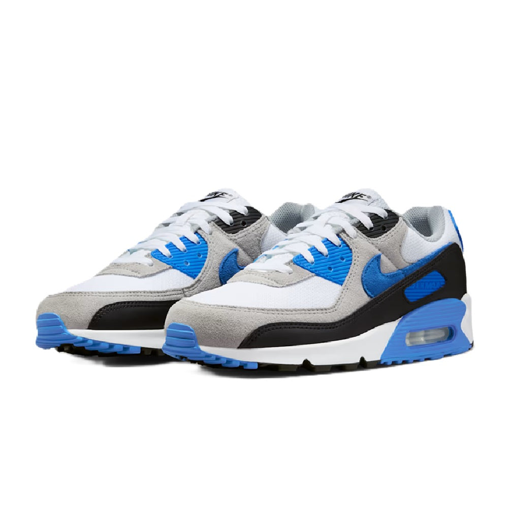 Nike Air Max 90 sneakers, gray and white with blue accents and black overlays