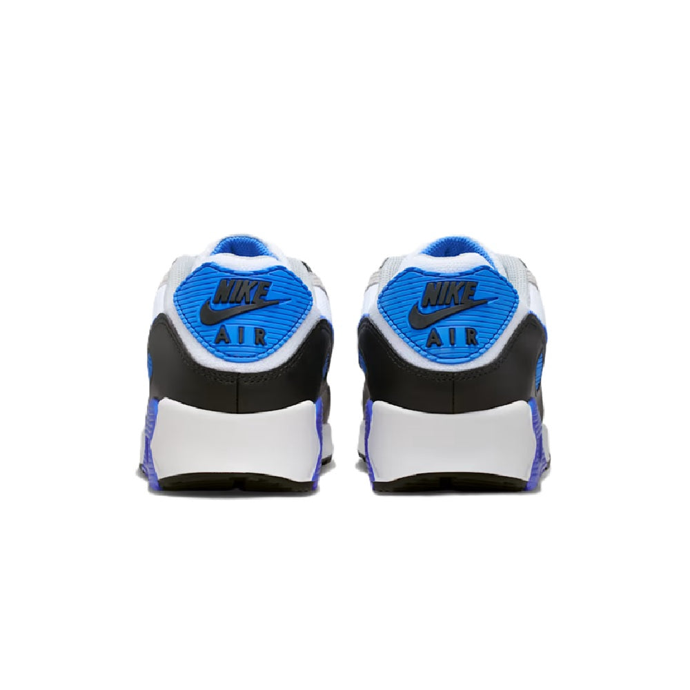 Nike Air Max 90 heel view with blue NIKE AIR branding and black heel tabs