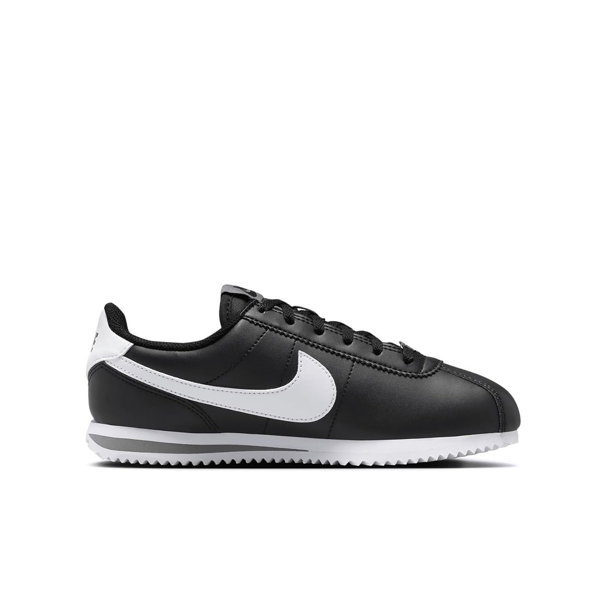 Kids' Nike Cortez leather sneakers in black with white swoosh and cool gray details