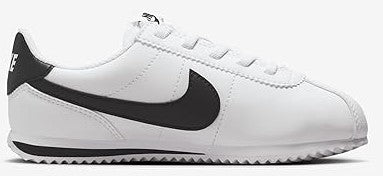 Little kid's Nike easy-on sneakers, white with black swoosh on side view