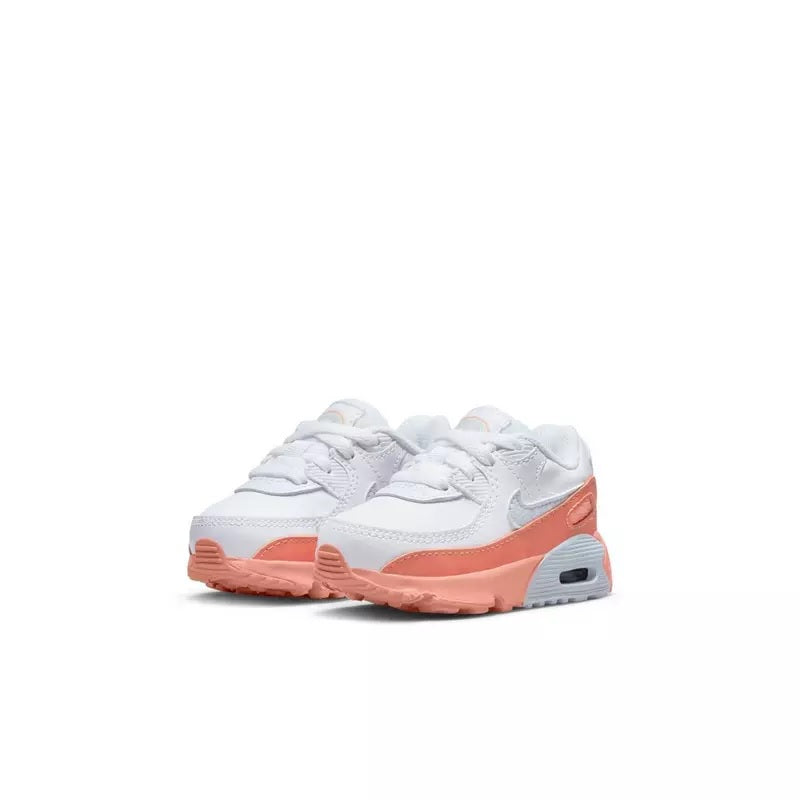 Toddler Nike Air Max 90 sneaker, white with coral midsole and visible air unit window