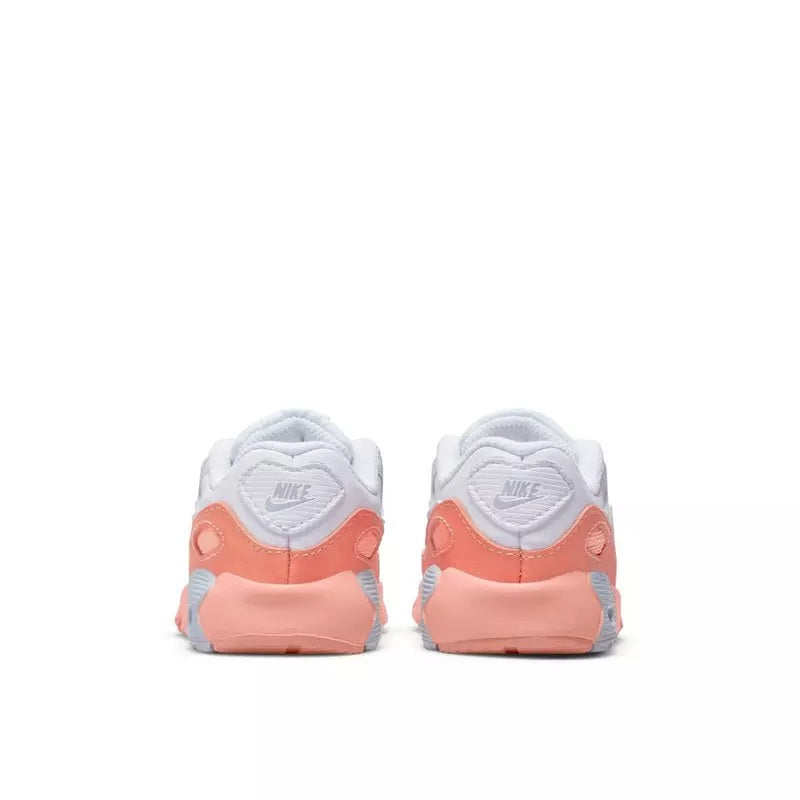 Toddler Nike Air Max 90 sneaker, back view with white upper and coral heel details